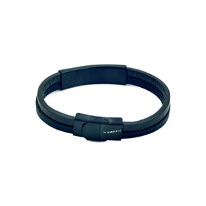 Two bands slim black leather bracelet with black mannerist branded clasp 