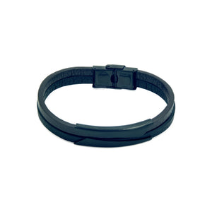 Two bands slim black leather bracelet with black mannerist branded clasp 