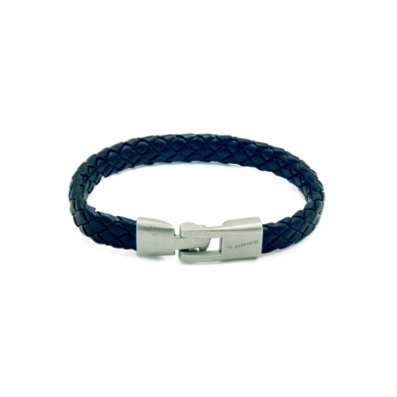 Rope style slimline men's black leather bracelet with a brushed steel branded clasp. 