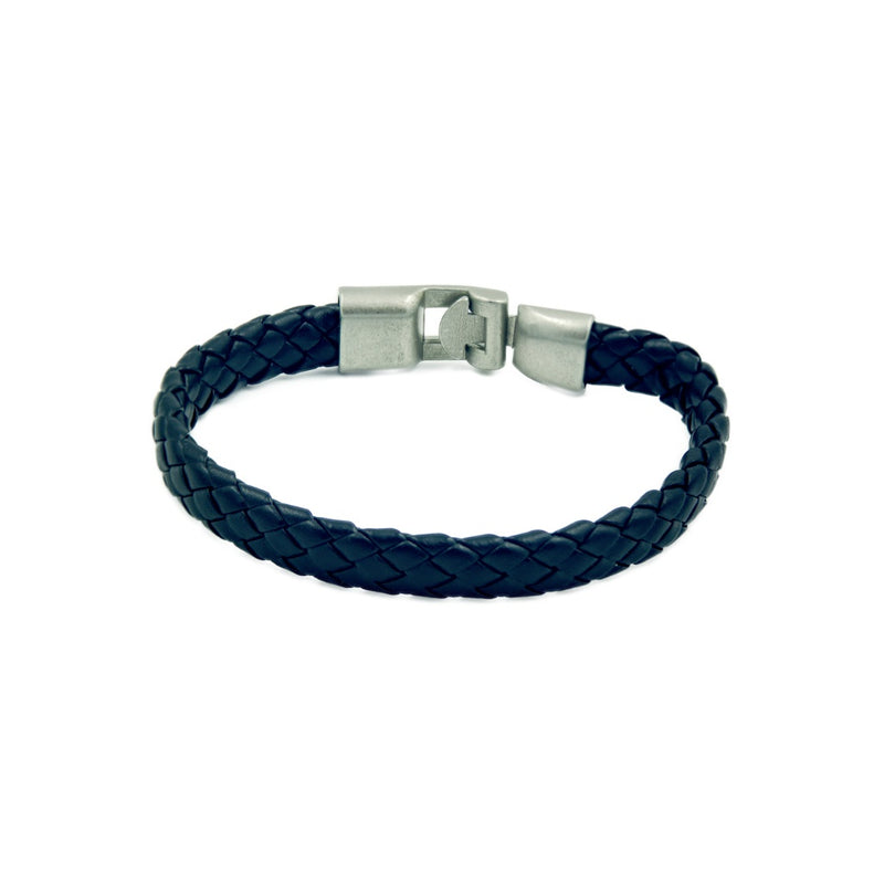 Rope style slimline men's black leather bracelet with a brushed steel branded clasp. 