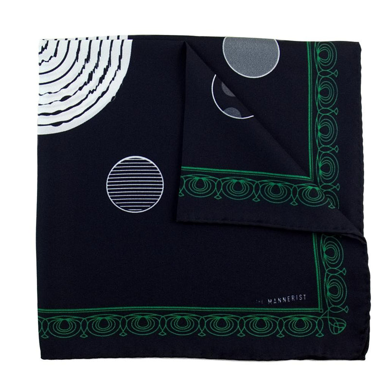 Designer black silk pocket square with green patterned border and polka dot theme design