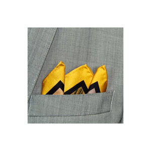Yellow border silk pocket square with abstract pattern in black and grey shown in a grey suit