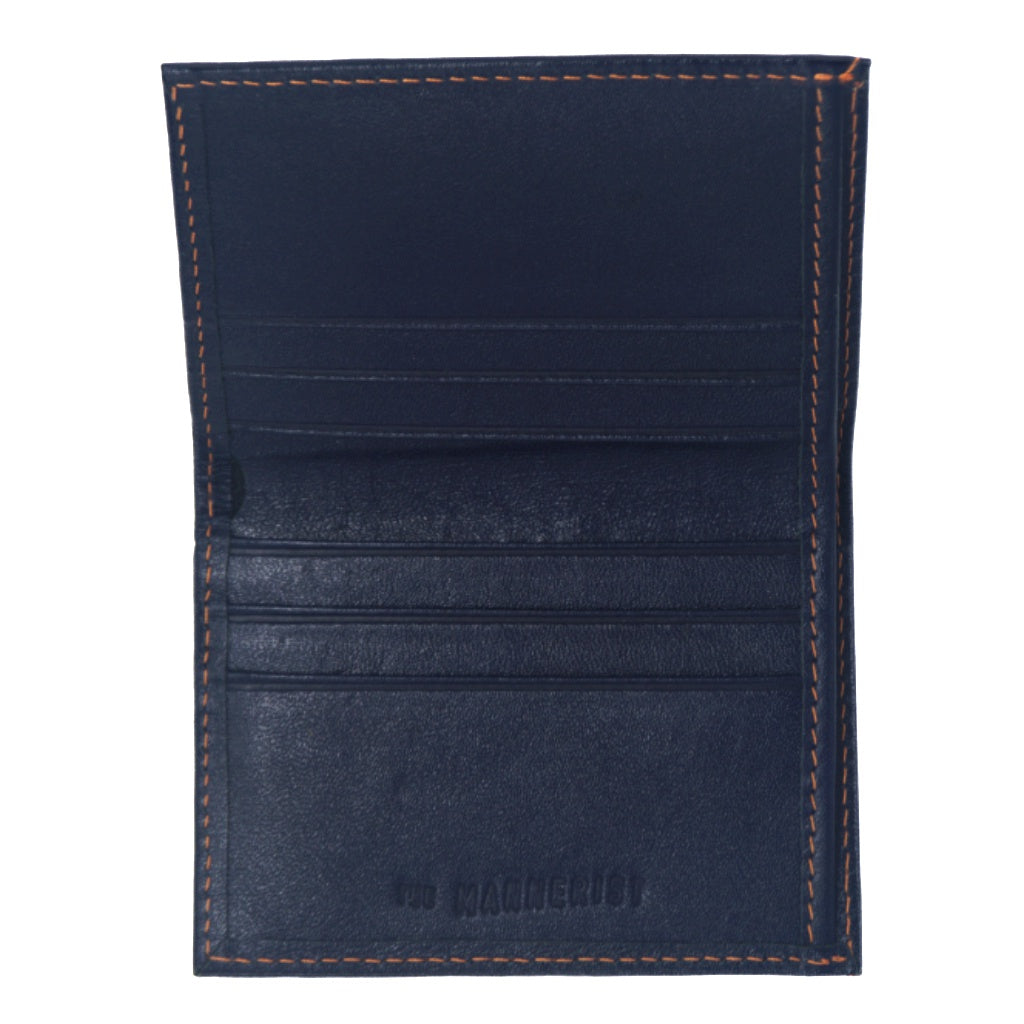 Dark blue Leather Wallet with Orange Stitching and six card slots inside