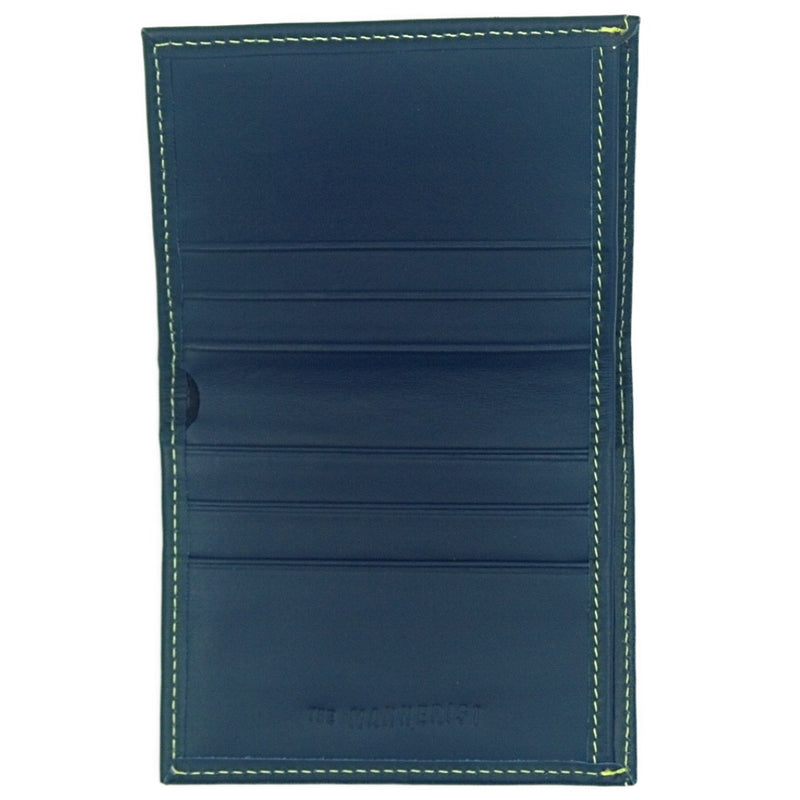Blue Leather Wallet with Yellow Stitching and six card slots plus compartment for bills
