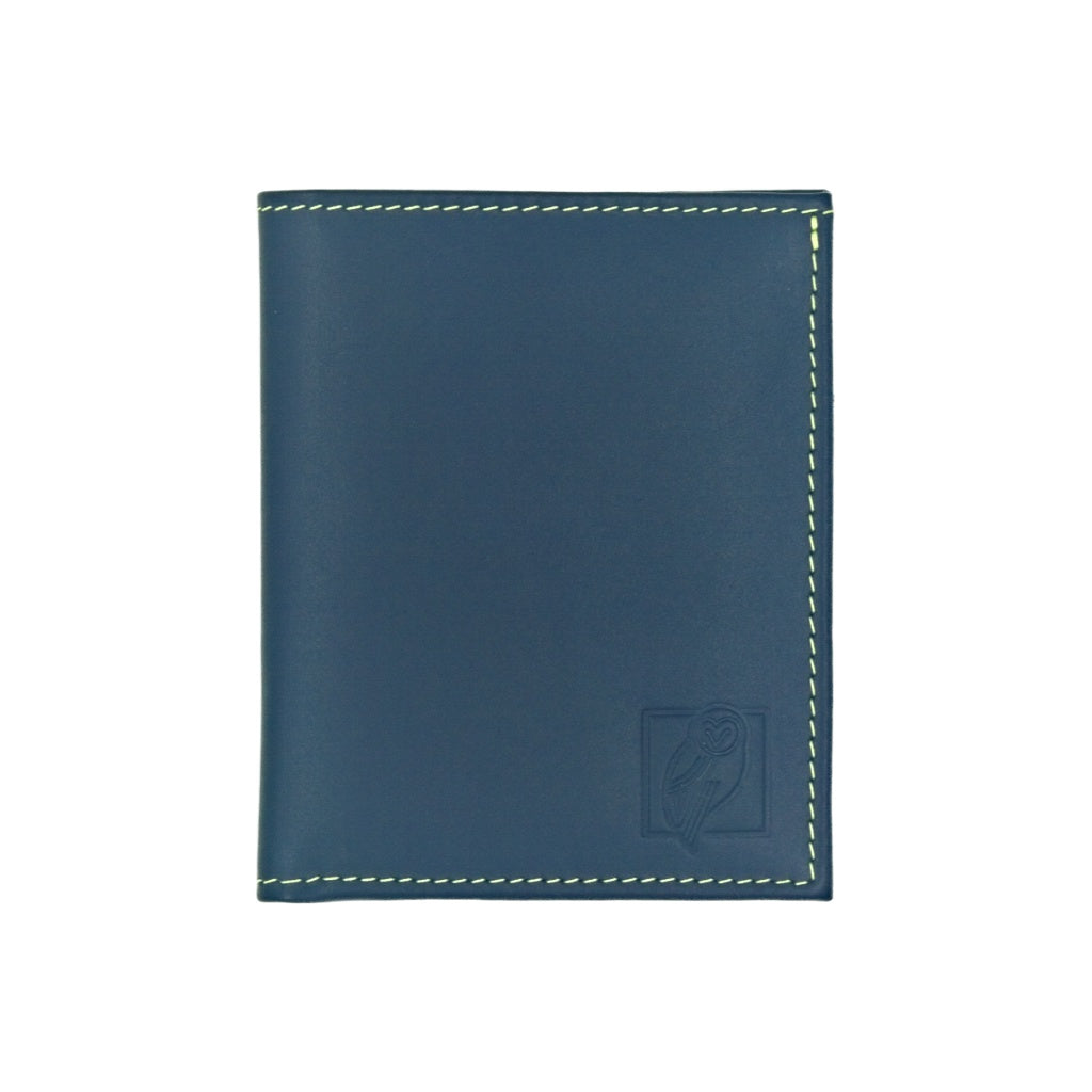 Blue Leather Wallet with Yellow Stitching and six card slots plus compartment for bills