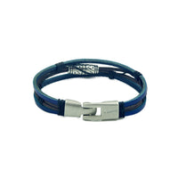 Three band men's leather bracelet with two blue leather bands outside and a patterned bead.