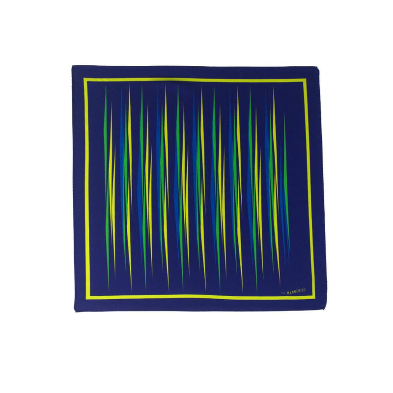 Blue silk pocket square with yellow, green and light blue flash patterns