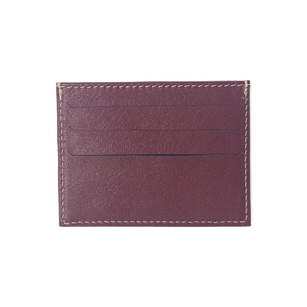 Burgundy Leather Card Holder with Beige Stitching and three card slots in each side