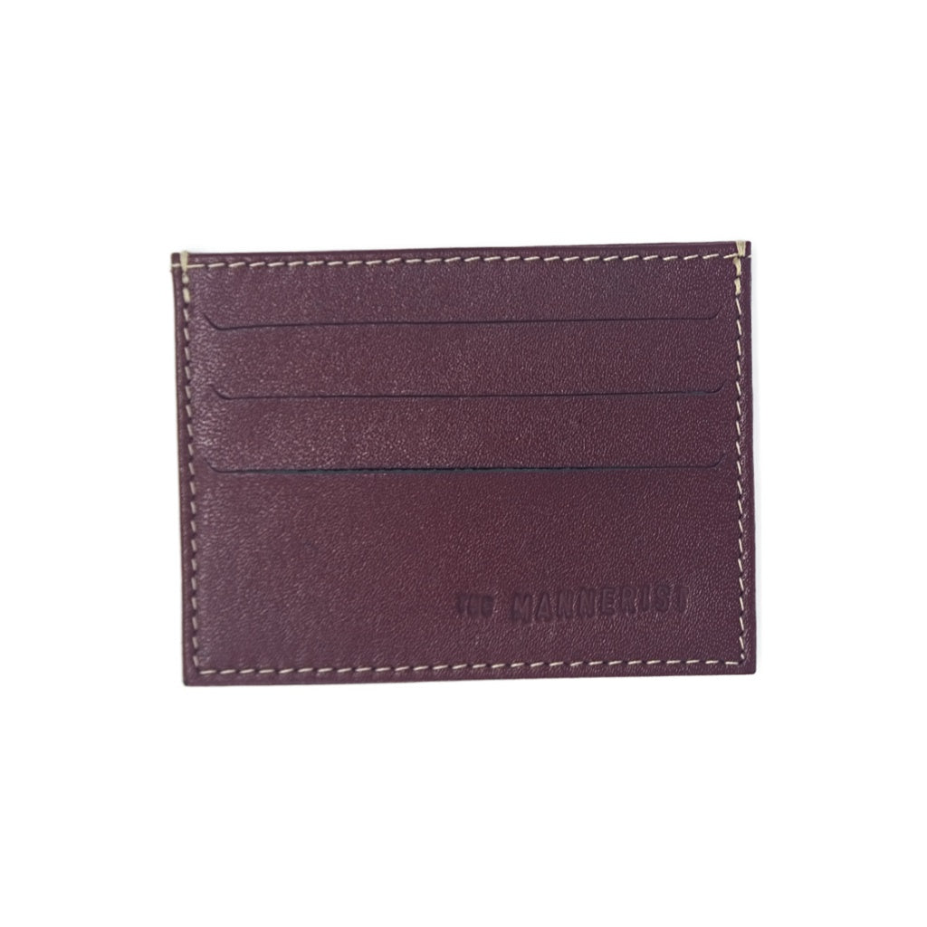 Designer Burgundy Leather Card Holder with Beige Stitching and three card slots in each side