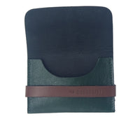 Designer Green Leather Card Holder with Strap. It has space for cards and money. Perfect for travel