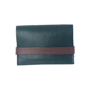 Designer Green Leather Card Holder with Strap. It has space for cards and money. Perfect for travel