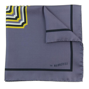 Designer grey silk pocket square with black border and centered patterned in yellow, white and black