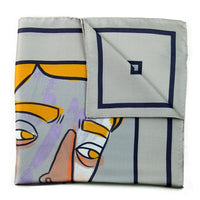 Designer grey silk pocket square with portrait design in yellow, black, white and hints of purple