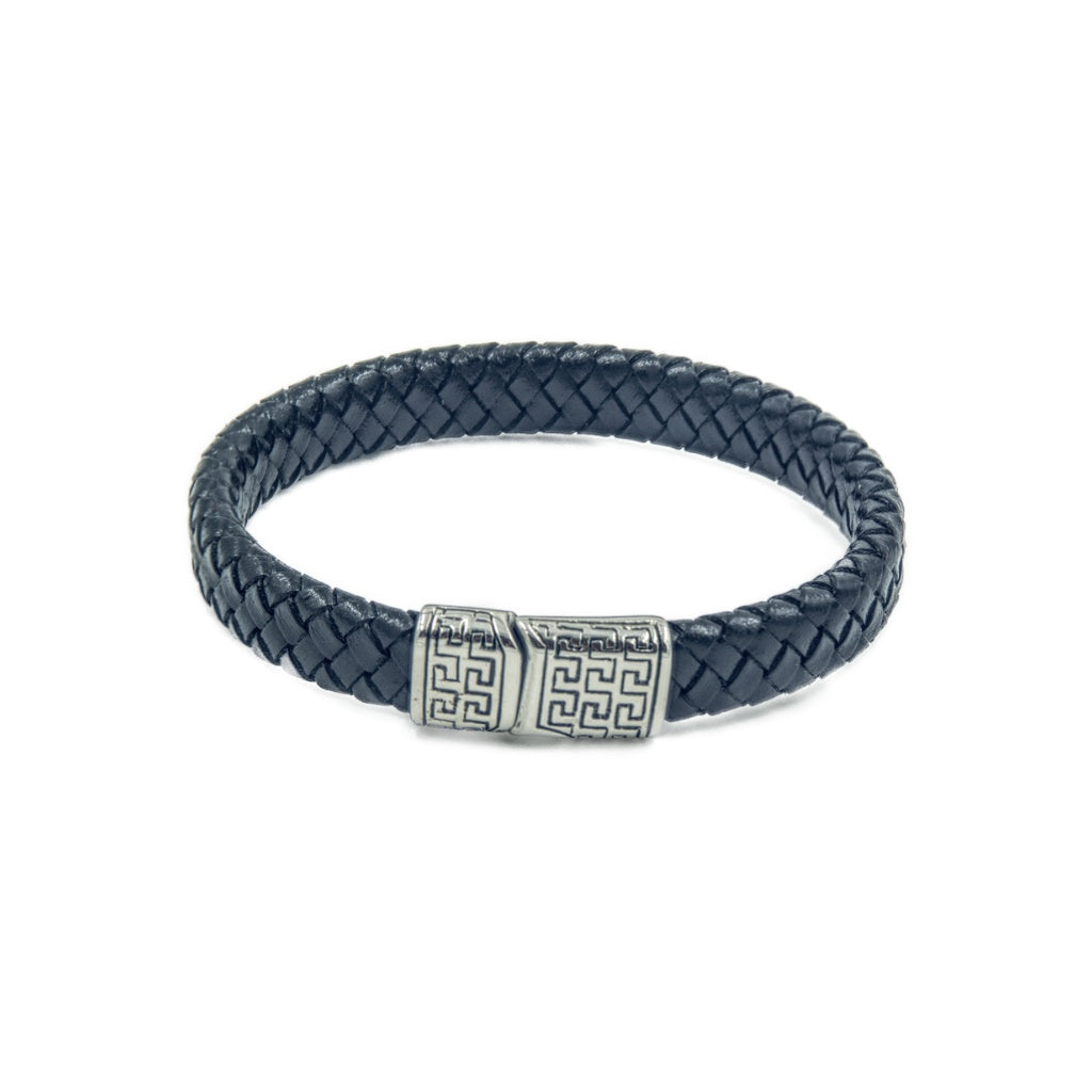 Single rope style men's leather bracelet with stainless steel branded clasp and a meander pattern.
