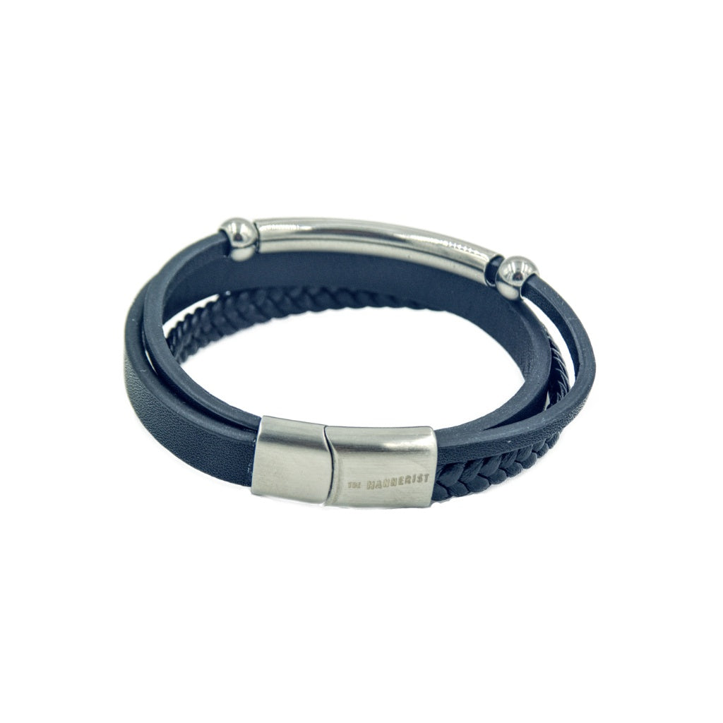 Men's Black leather bracelet with three bands with stainless steel guide and beads