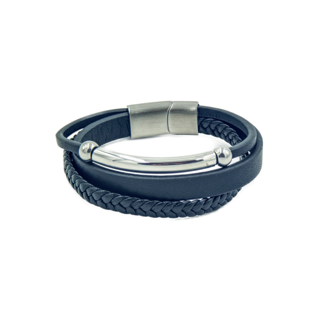 Men's Black leather bracelet with three bands, beads and magnetic clasp.