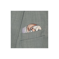 Grey silk pocket square with portrait design in yellow, black, white and hints of purple
