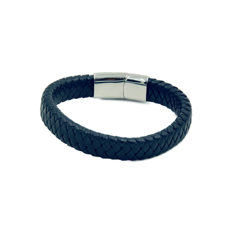 Men's leather bracelet with a single rope style black leather band and branded magnetic clasp 