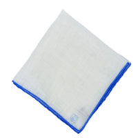 Designer White Linen Pocket Square with Blue Border