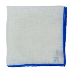 Designer White Linen Pocket Square with Blue Border