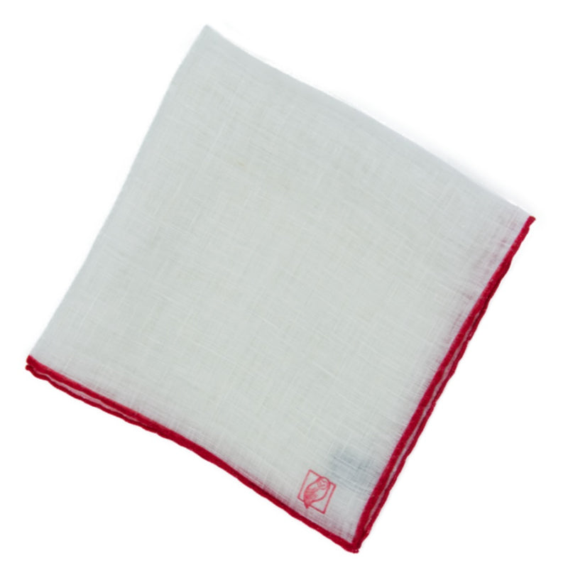 Designer White Linen Pocket Square with Red Border