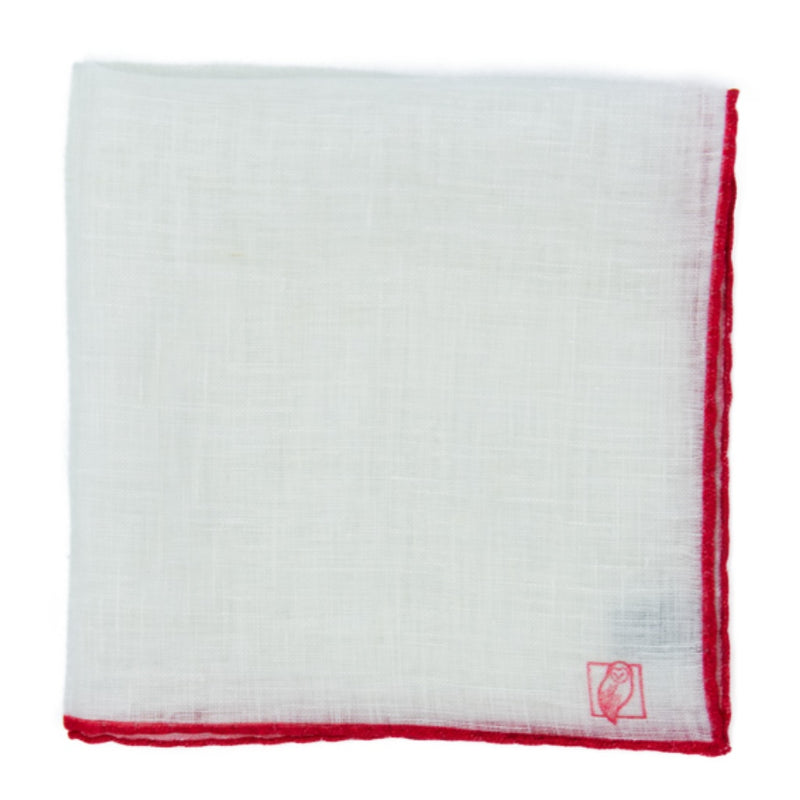 Designer White Linen Pocket Square with Red Border