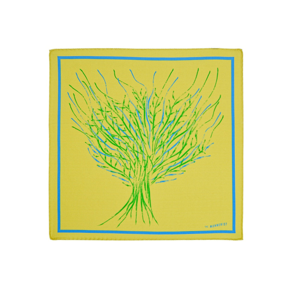 Yellow silk pocket square with tree design in green and blue