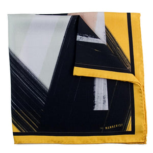 Designer yellow border silk pocket square with abstract pattern in black and grey