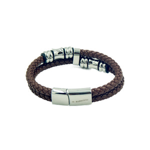 Brown rope style men's leather bracelet with two bands and silver color beads.