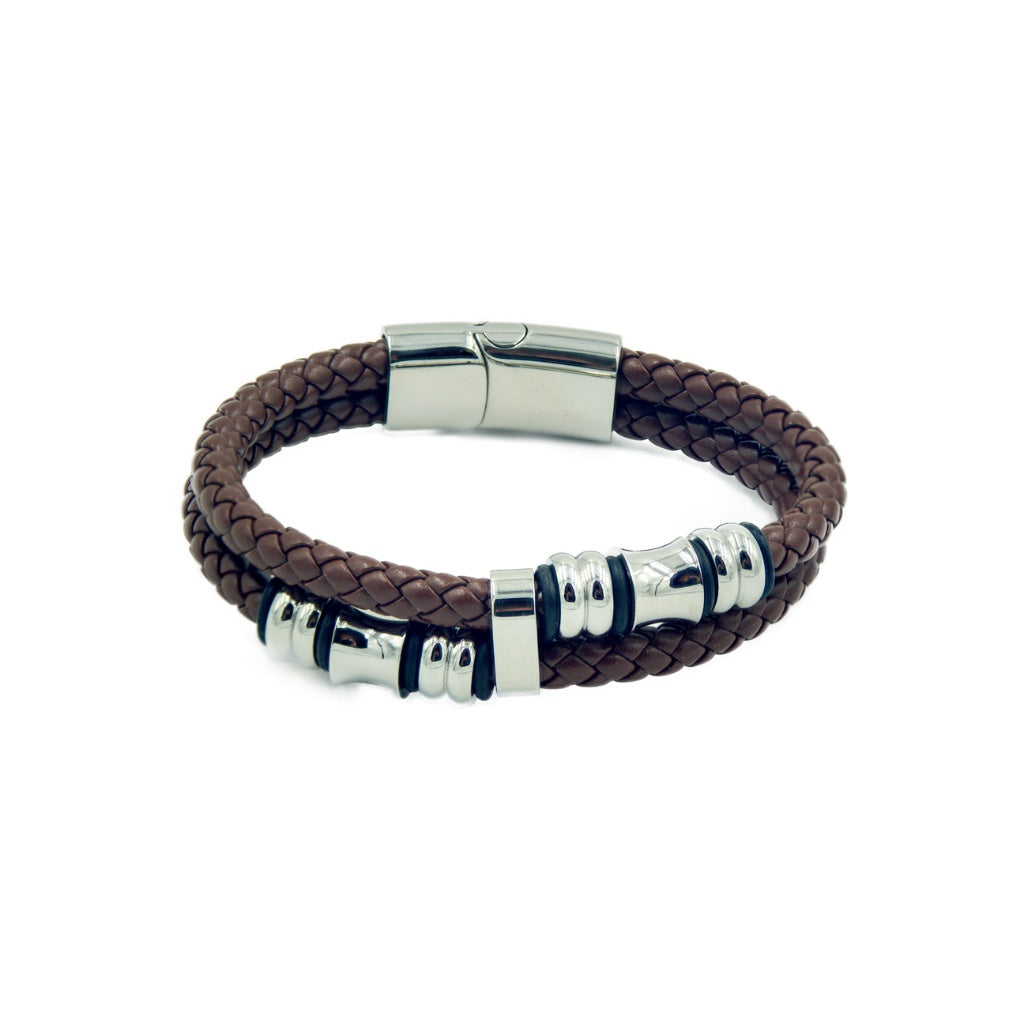 Brown rope style men's leather bracelet with two bands and silver color beads..