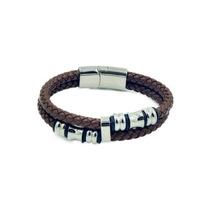Brown rope style men's leather bracelet with two bands and silver color beads..