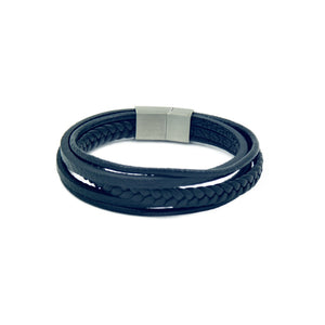 Men's Black Leather Bracelet with five bands and a stainless steel magnetic clasp. 