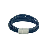 Men's Black Leather Bracelet with five bands and our logo in a stainless steel magnetic clasp. 