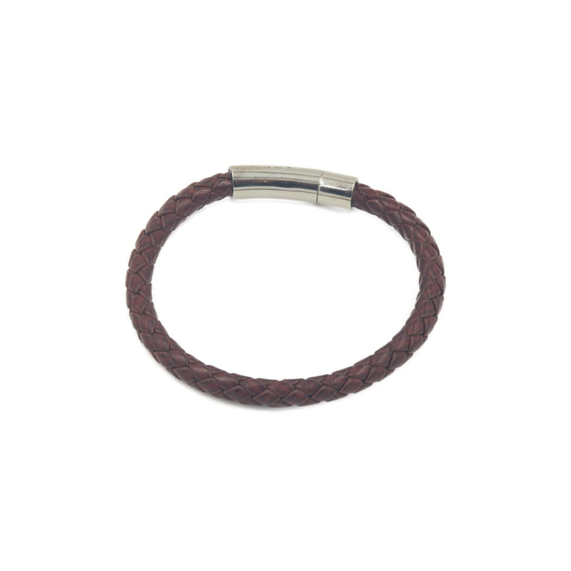 Slim burgundy rope-style men's leather bracelet with a quick release stainless branded steel clasp. 